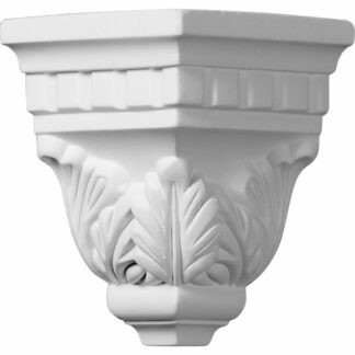 White decorative column capital with carved acanthus leaves and a stepped neck (plaster/plaster-like molding).
